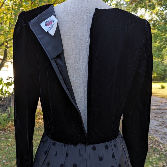 Vintage 80s Lanz Black Velvet Taffeta Polka Dot Dress - Picture 7 of 8